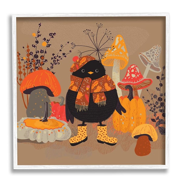 Stupell Industries Cozy Crow with Mushrooms by Verbrugge Watercolor 1 Piece Framed Graphic Print Animal Poster Art Print 12 in. x 12 in.