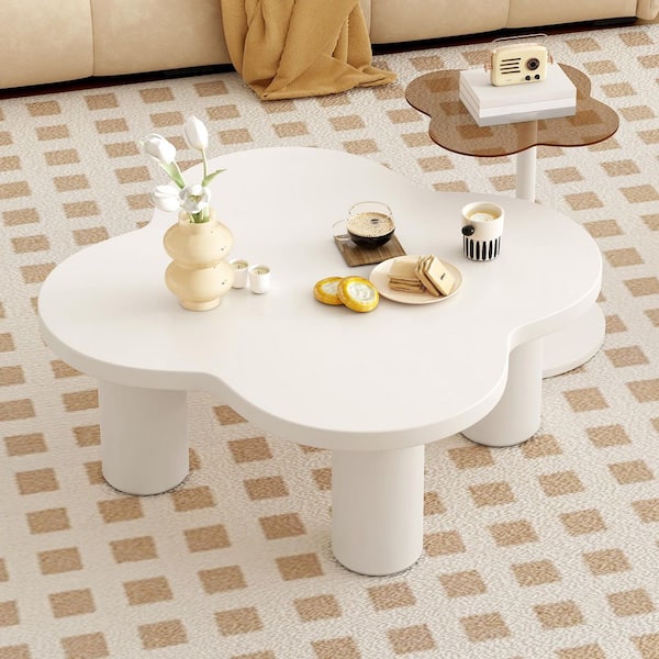 Modern 35.2 in. White Specialty Wood Coffee Table with Glass Top End Table (Set of 2)
