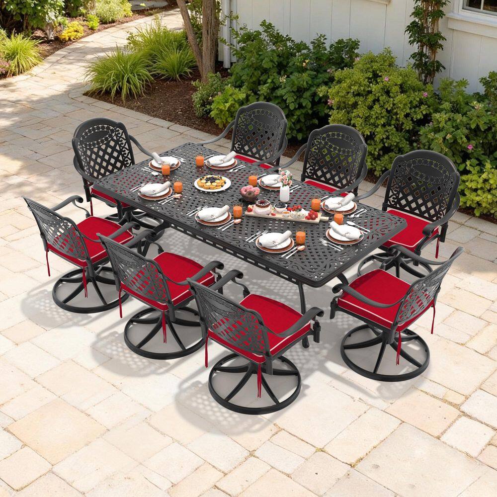 Black 9-Piece Cast Aluminum Outdoor Dining Set with 8 Swivel Rockers with Red Cushion and Rectangular Table