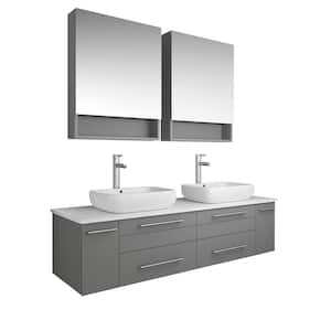 Lucera 60 in. W Wall Hung Vanity in Gray with Quartz Stone Vanity Top in White with White Basins and Medicine Cabinet