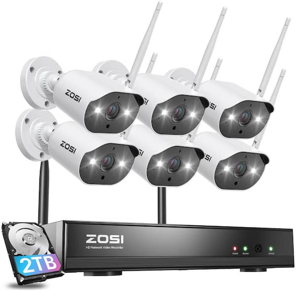 ZOSI 8-Channel H.265+ 3MP 2K 2TB Hard Drive NVR Wireless Security Camera System with 6 Outdoor Wi-Fi IP Cameras-White