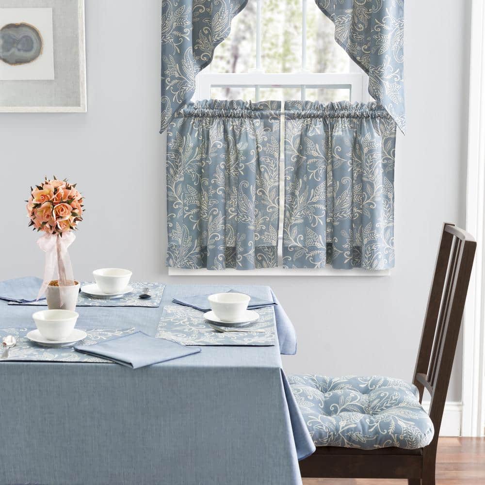 Lexington Blue Leaf Pattern Cotton Polyester Window Tiers