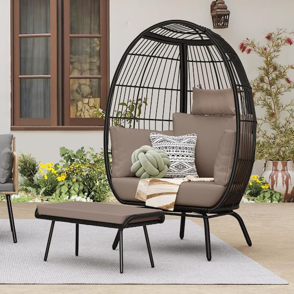 DEXTRUS Black Wicker Outdoor Patio Egg Chair with Footrest and Khaki Cushion