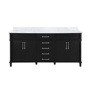 Aberdeen 72 in. Double Sink Freestanding Black Bath Vanity with Carrara Marble Top (Assembled)