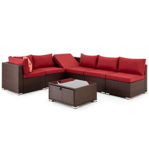 Cedar Island 7-Piece Wicker Patio Conversation Set with Red Cushions, 2 Orange Pillows (Corner Lift Sofa)