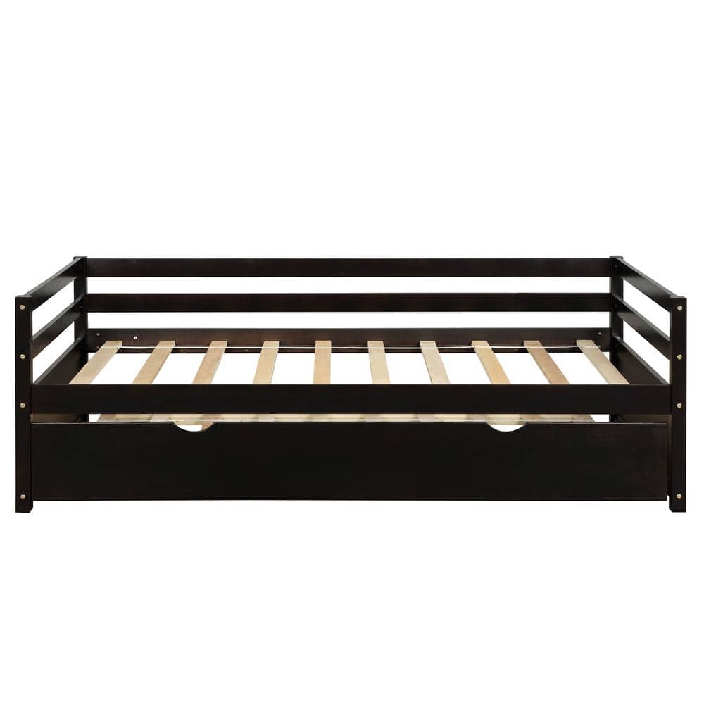 Espresso Solid Wood Retro Twin Sofa Bed with Pullable Drawers and Wheels