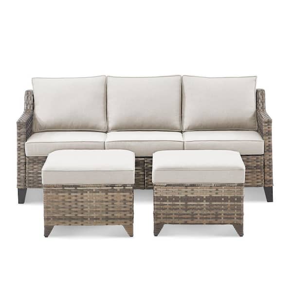 3-Piece Set Wicker Outdoor Sofa with Footstool and Beige Cushions