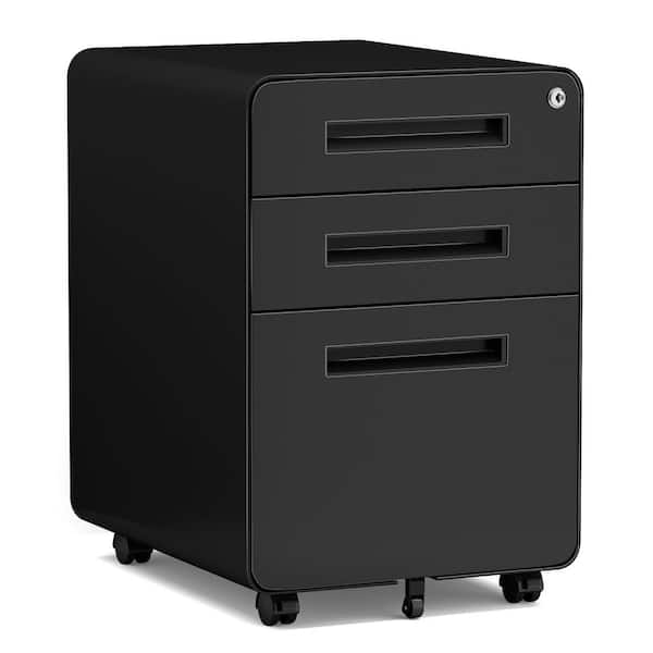 Mlezan Black 3-Drawer Mobile File Cabinet with Lock 17.7 in. D x 15.7 in. W x 22.8 in. H Deep Storage Drawer for Letter Legal