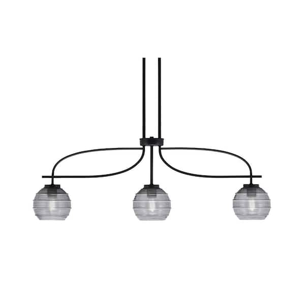 Unbranded Olympia 3-Light Matte Black Billiard Light with 6 in. Clear Ribbed Glass Shades, no blulbs included