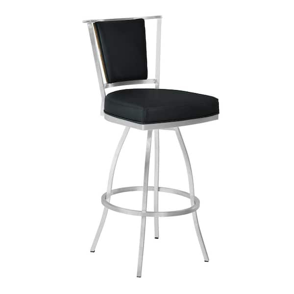 Armen Living Delhi 30 in. Black Faux Leather and Brushed Stainless Steel Finish Bar Stool