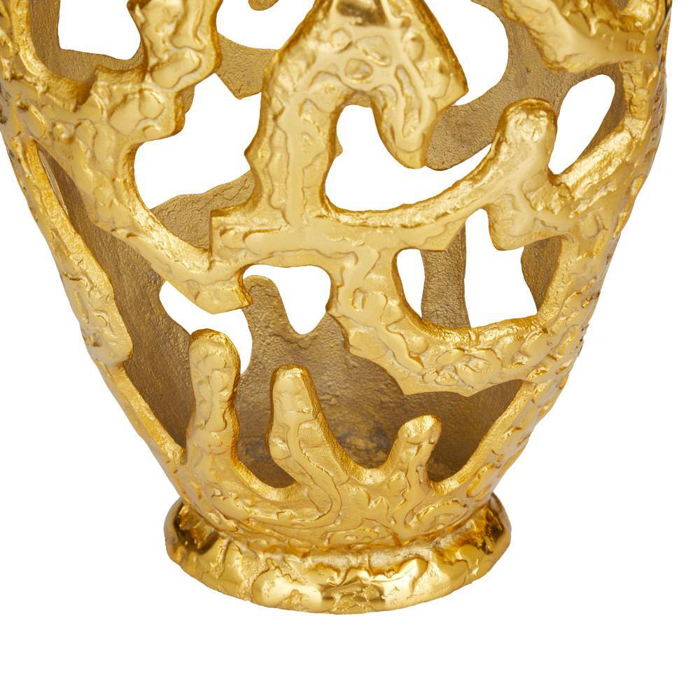 Tall Gold Aluminum Metal Decorative Vase with Cutout Design