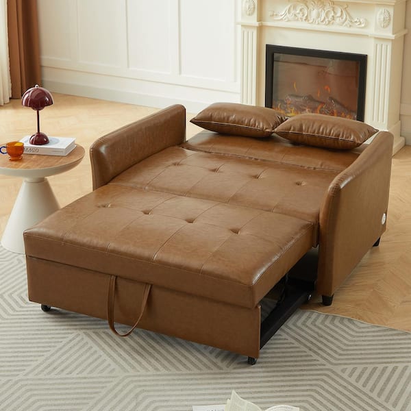 Harper & Bright Designs Convertible 51.57 in. Brown PU Leather Twin Size Sofa Bed with 3 USB Ports, 2 Pillows