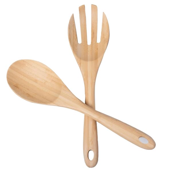13 in. Large Premium Bamboo Salad Tongs Set of 2 Eco-Friendly Wooden Serving Spoon and Fork Kitchen Toss