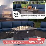 15-Piece Wicker Patio Conversation Set with 55000 BTU Gas Fire Pit Table and Glass Coffee Table and Cushions Navy Blue