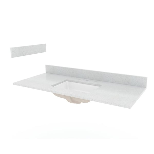49 in. W Engineered Stone Top in Silver Crystal White with White Sink and Optional Backsplash