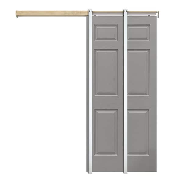 Light Gray 36 in. x 80 in. Painted Composite MDF 6PANEL Interior Sliding Door with Pocket Door Frame and Hardware Kit