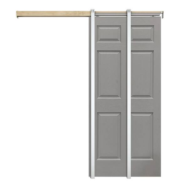 CALHOME Light Gray 36 in. x 80 in. Painted Composite MDF 6PANEL Interior Sliding Door with Pocket Door Frame and Hardware Kit