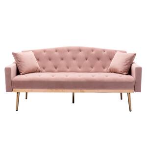 65 in Pink Velvet Upholstered Tufted Convertible Sofa Bed with Golden Metal Legs