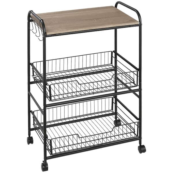 Tileon 3-tier Rolling Cart, Slim Kitchen Cart with Wheels, 2 Sliding Baskets, Microwave Cart with Side Hooks