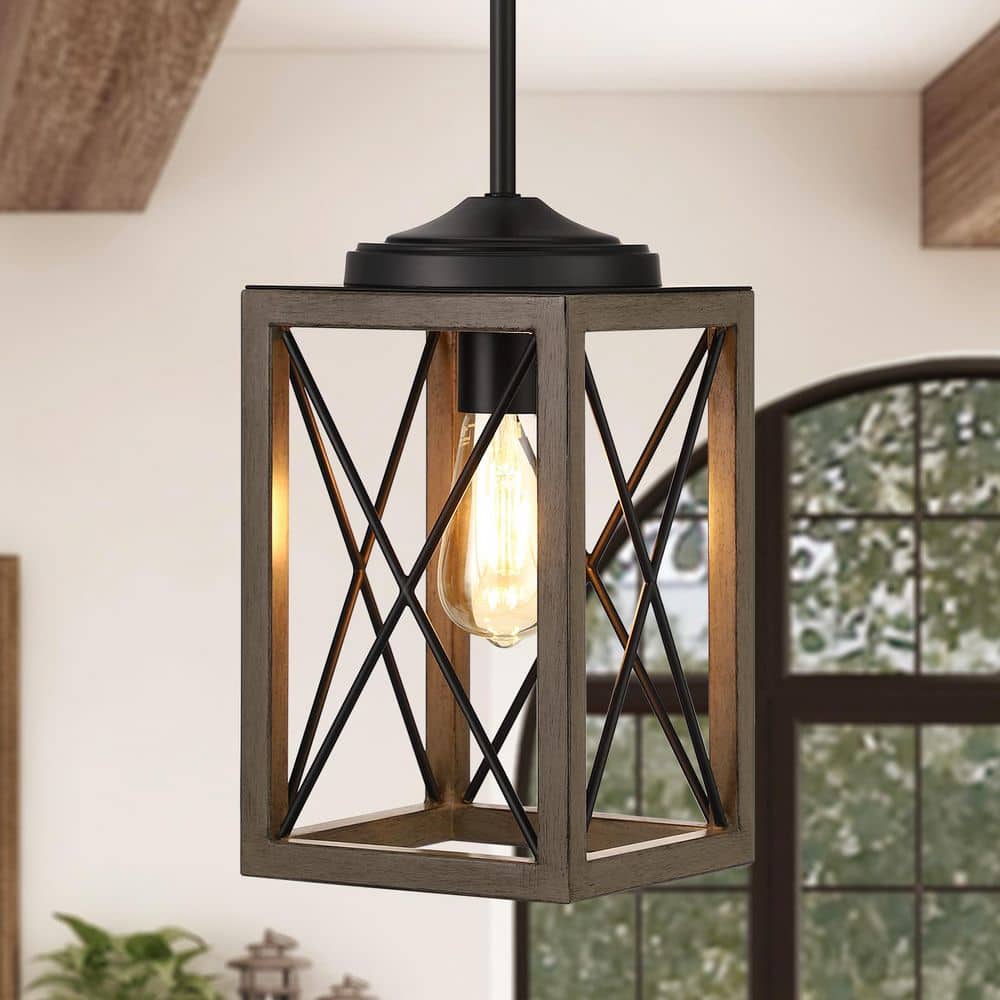 60-Watt 1-Light Farmhouse Pendant Light with Gray Wooden Grain Finish Shade, No Bulbs Included price history on PriceWatchPro