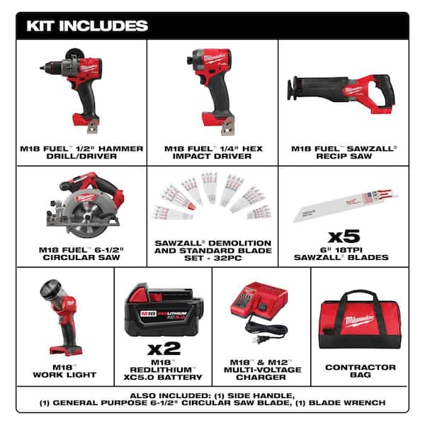 M18 FUEL 18V Lithium-Ion Cordless Combo Kit (5-Tool) w/ 2 5.0 Ah Batteries, Charger & SAWZALL Blades (37-PC)