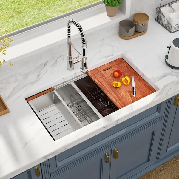 33 in. Low Divide Undermount Workstation Sink 16-Gauge Stainless Steel Double Bowl (50/50) Kitchen Sink with Accessories