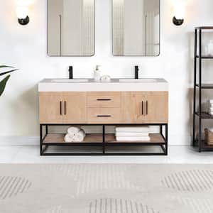 Bianco 60 in. W x 22 in. D x 34 in . H Double Sink Bath Vanity in Light Brown with White Composite Stone Top