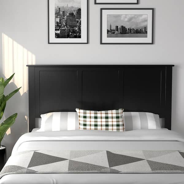 Black Full Wood Headboard Flat Panel Pre-drilled Holes Height Adjustment
