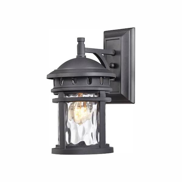 Home Decorators Collection Alestino 12.5 in. 1-Light Black Outdoor Wall Light Fixture with Clear Water Glass