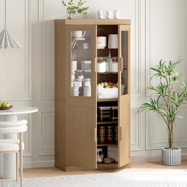 Natural Solid Wood 31 in. W Dining Room Sideboard Pantry Cabinet with Glass Doors and Lower Wood Doors