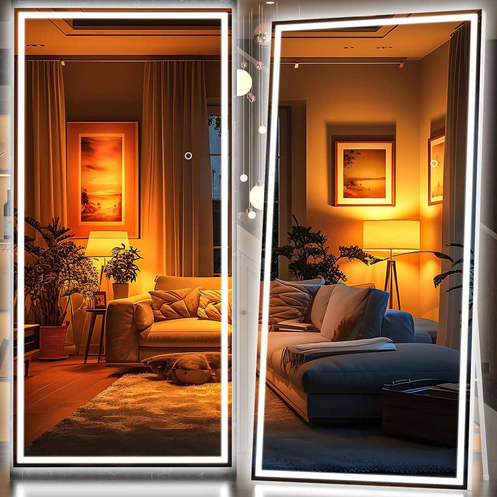 40 in. W x 95 in. H Square White LED Lighted Floor Standing Mirror, Hanging
