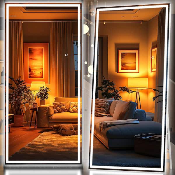 Hasipu 40 in. W x 95 in. H Square White LED Lighted Floor Standing Mirror, Hanging Mounted Mirror, Dimmable, Tempered Glass