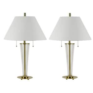 Pair of 26.25 in. Clear and Soft Gold Art Deco Crystal Column Table Lamp with a Designer White Empire Linen Shade