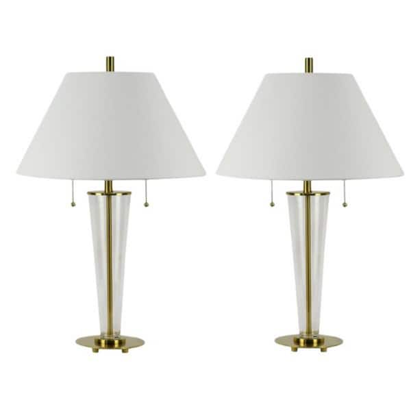 Fangio Lighting Pair of 26.25 in. Clear and Soft Gold Art Deco Crystal Column Table Lamp with a Designer White Empire Linen Shade