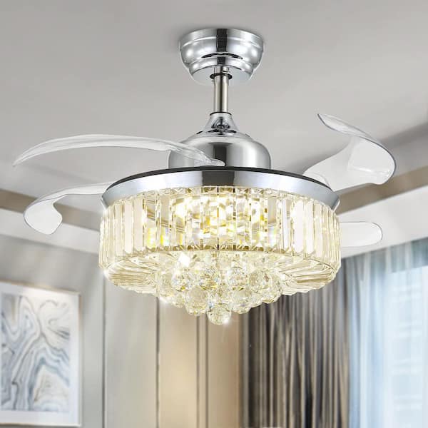 Pacific Core 36 in. Smart Indoor Silver Retractable Blades Crystal Chandelier Ceiling Fan with Dimmable Integrated LED