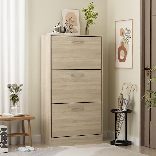 FUFU&GAGA 3-Drawer 18-Pair Brown Wood Shoe Storage Cabinet with Foldable Compartments 22.4 in. W x 42.1 in. H