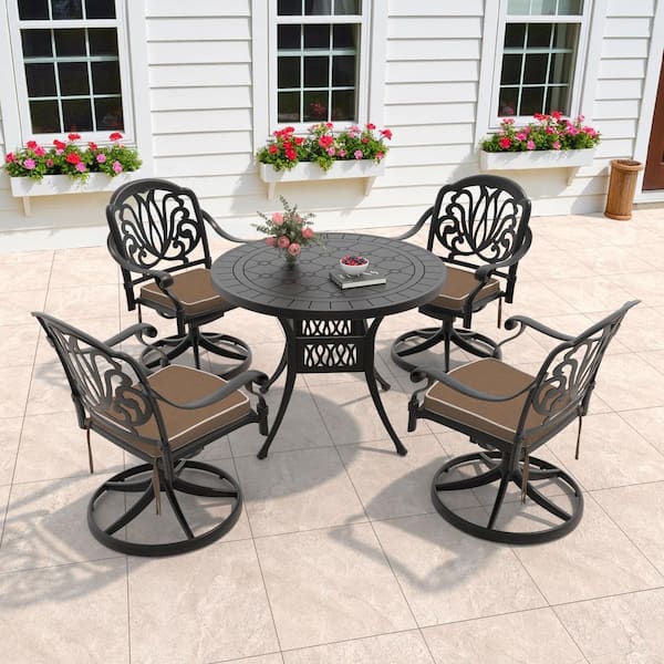 Elizabeth 5-Piece Cast Aluminum Patio Outdoor Dining Set with Round Dining Table, 4 Swivel Chairs and 4 Brown Cushions