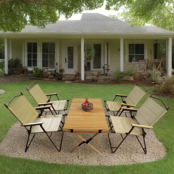 Unbranded New Natural Beech Wood Outdoor Foldable and Portable Dining Set, 1-Dining Table and 4-Folding Chairs with Extension