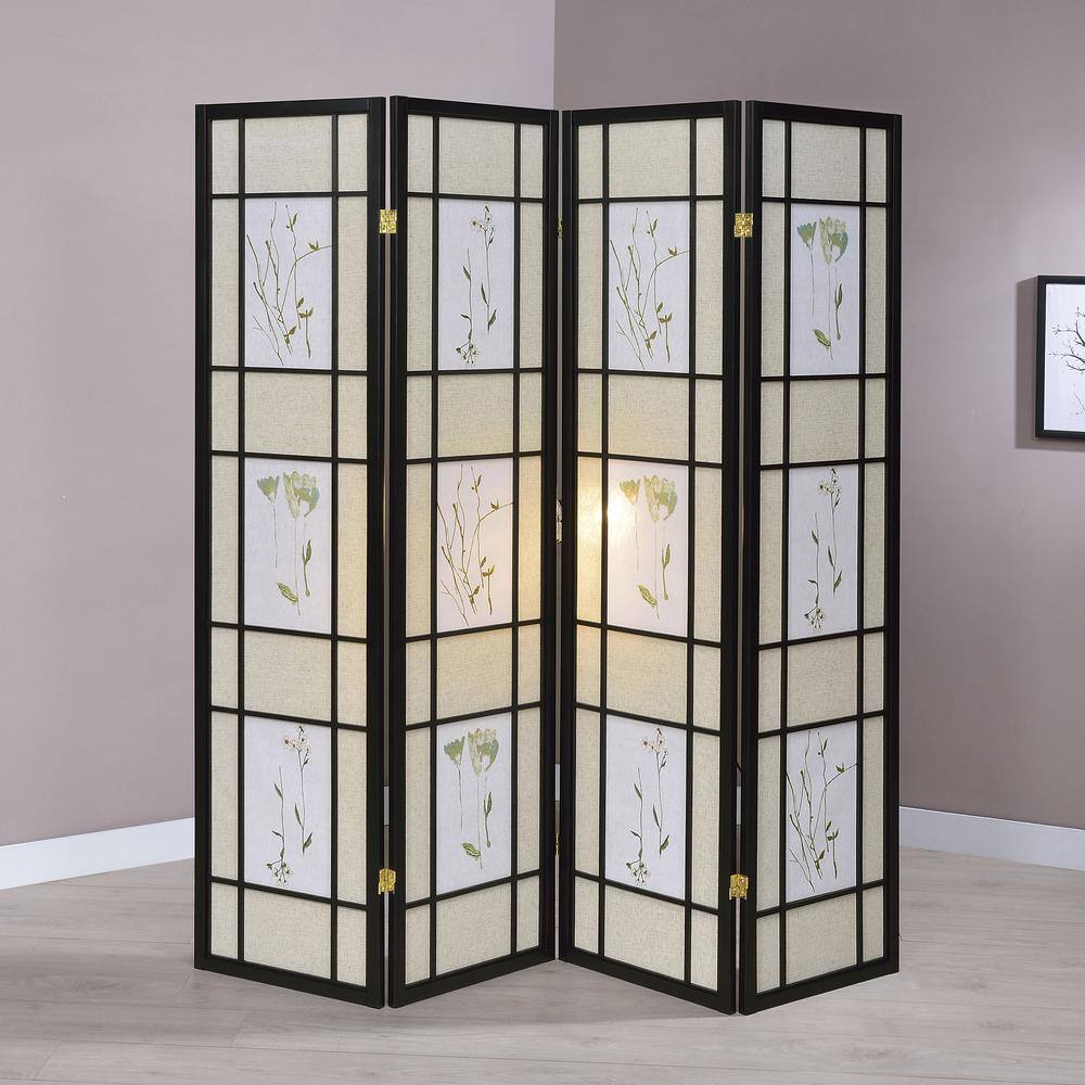 Beige and Black Floral Print 4-Panel Folding Screen