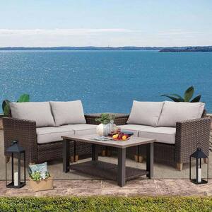 Brown 6-Piece Rattan Wicker Patio Conversation Set with Coffee Table and Grey Cushions for Outdoor, Backyard, Garden
