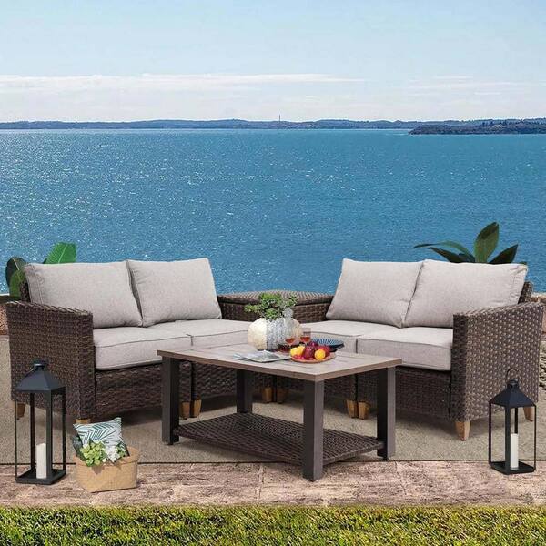 Zeus & Ruta Brown 6-Piece Rattan Wicker Patio Conversation Set with Coffee Table and Grey Cushions for Outdoor, Backyard, Garden