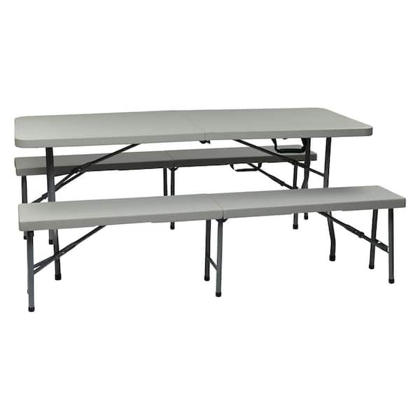 OS Home and Office Furniture 3-Piece Light Gray Folding Picnic Table and Two Benches