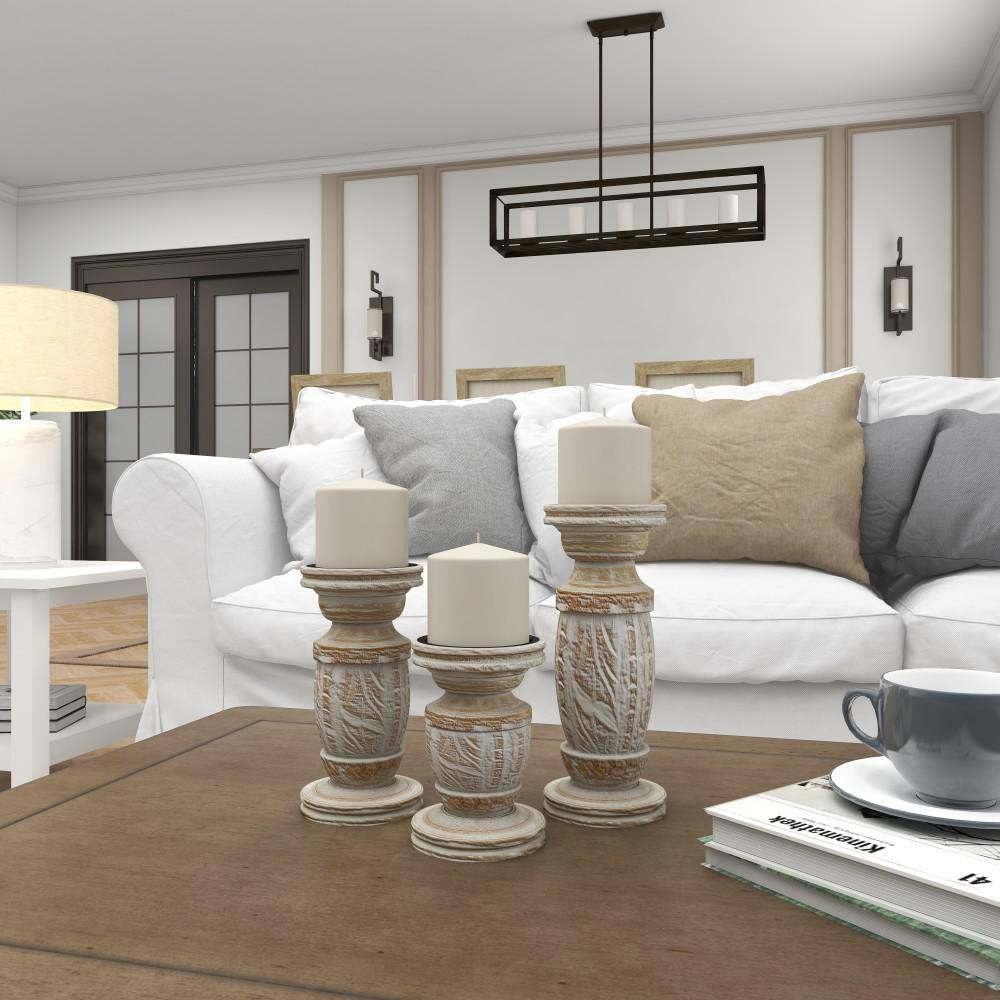 Radiant Elegance White Washed Wood Candlestick Trio, Set of 3
