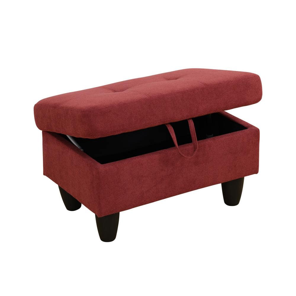 Red Flannel Polyester Blend Storage Ottoman with Solid Wood Frame