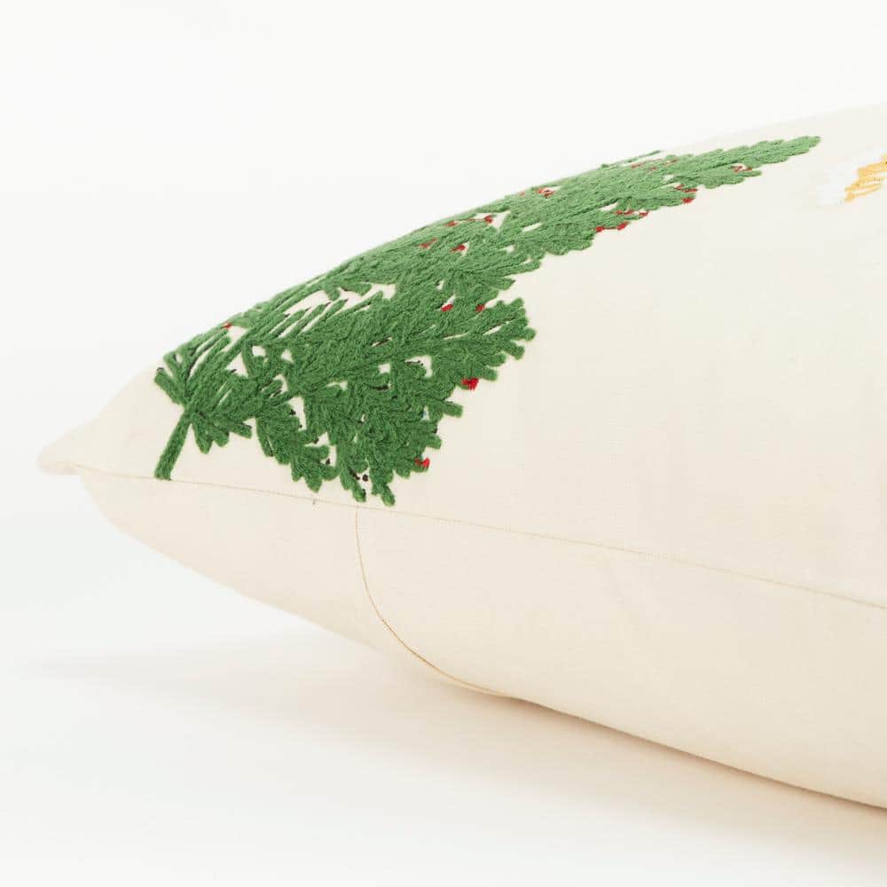 Ivory and Multicolor Embroidered Cotton Holiday Pillow with Raccoon Design