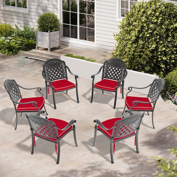 Black Stackable Cast Aluminum Patio Outdoor Dining Chairs with Red Seat Cushions (Set of 6)