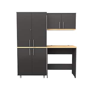 KRATOS 63 in. W x 70.9 in. H x 19.6 in. D 3 Piece 7 Shelves 4 door Wood Garage Freestanding Cabinet in Dark Gray/Maple