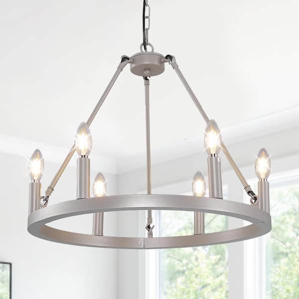20 in. 6-Light Silver Elegant Mid-Century Metal Ceiling Light Farmhouse Wagon Wheel Chandelier for Living Dining Room