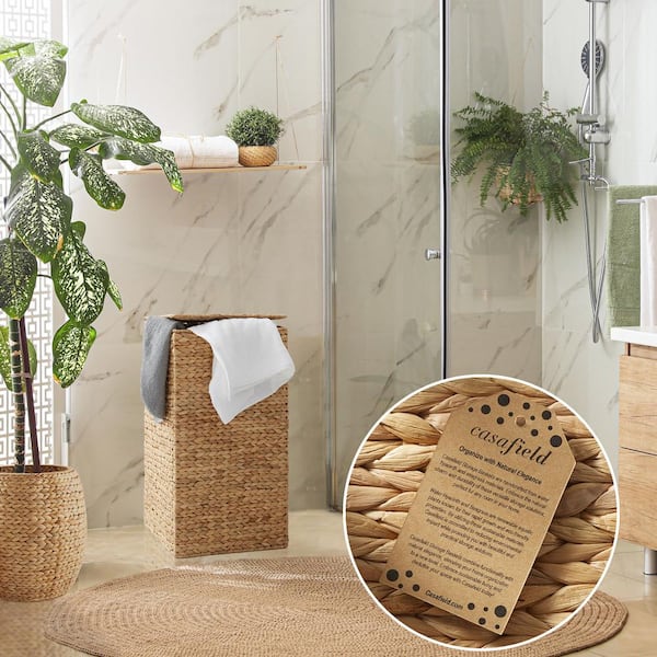 Casafield Brown Natural 14.25 in. x 27 in. Wicker Water Hyacinth Decorative Basket Square Laundry Hamper with Lid and Liner