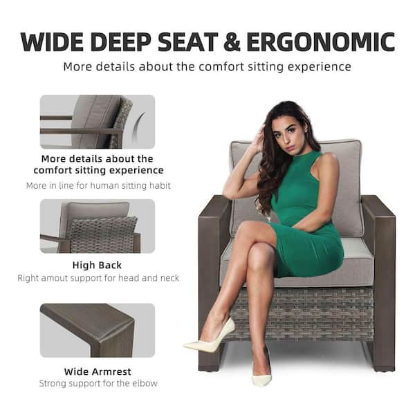 CubeEdge Porch Gray Wicker Patio Conversation Set with Olefin Gray Cushions and 4 In. Wide Armrest (4-Piece)